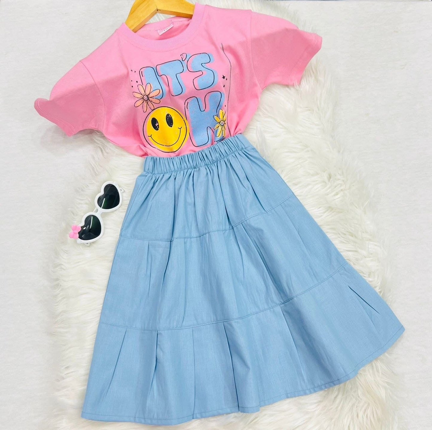 Pink Rose Top Blended Sky Plated Long Skirt Cotton