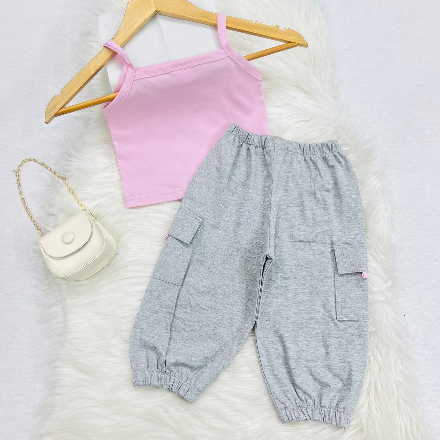 Baby Pink Cami Top Grey Pocket Trouser