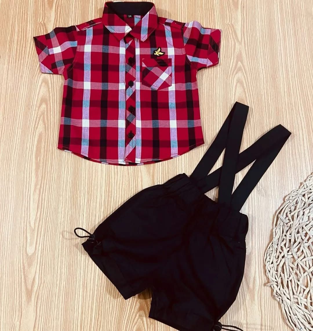 Red Check Shirt Black Shorts Cotton