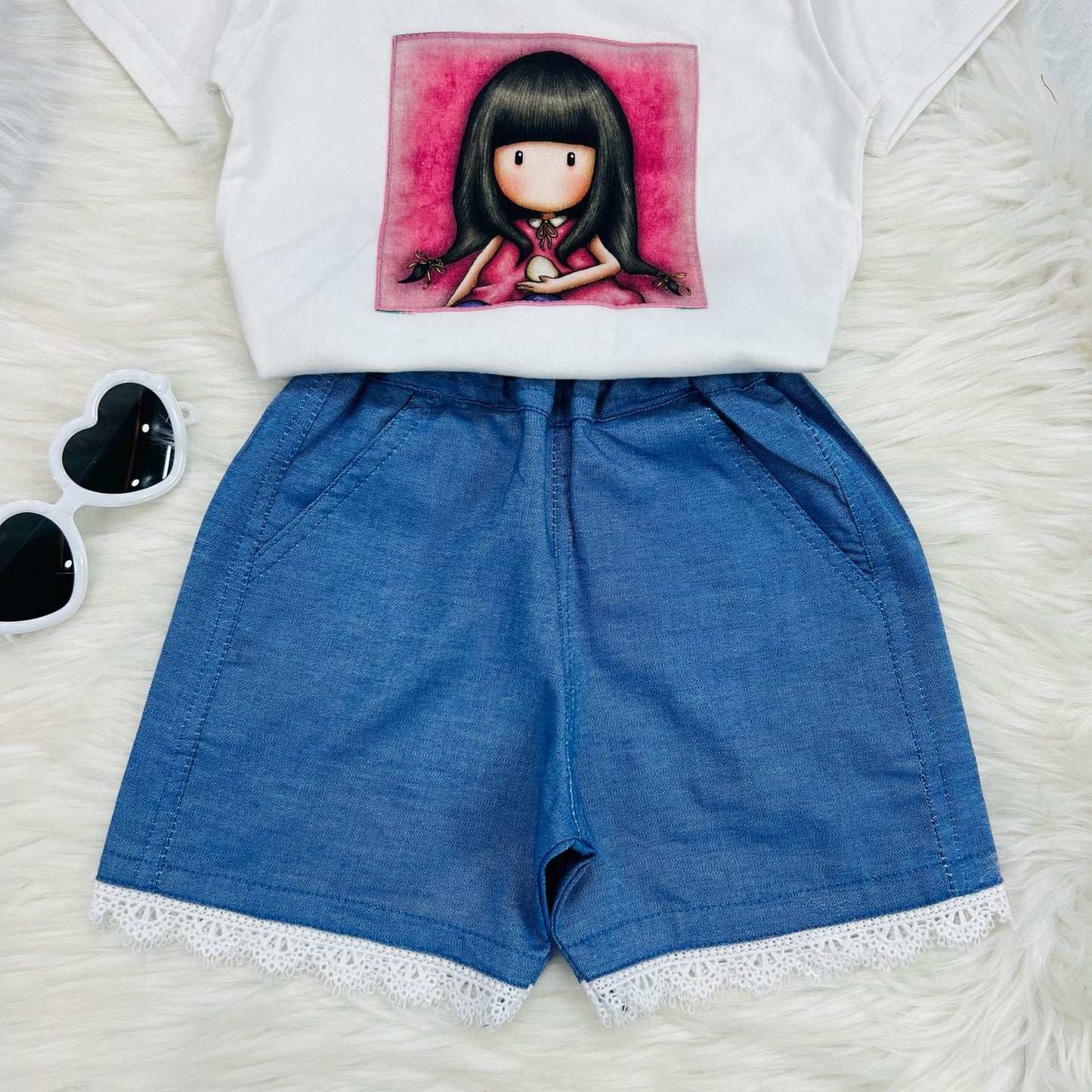 White Doll Top Blended Blue Denim Shorts