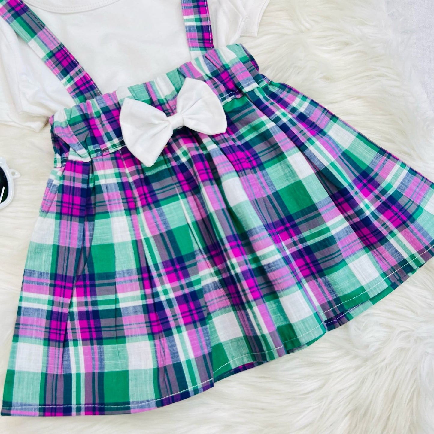 White Top Pink Green Check Skirt Blended Top Cotton Skirt