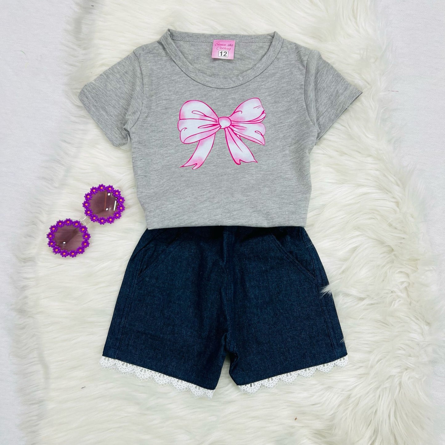 Grey Pink Butterfly Blended Top Navy Denim Short