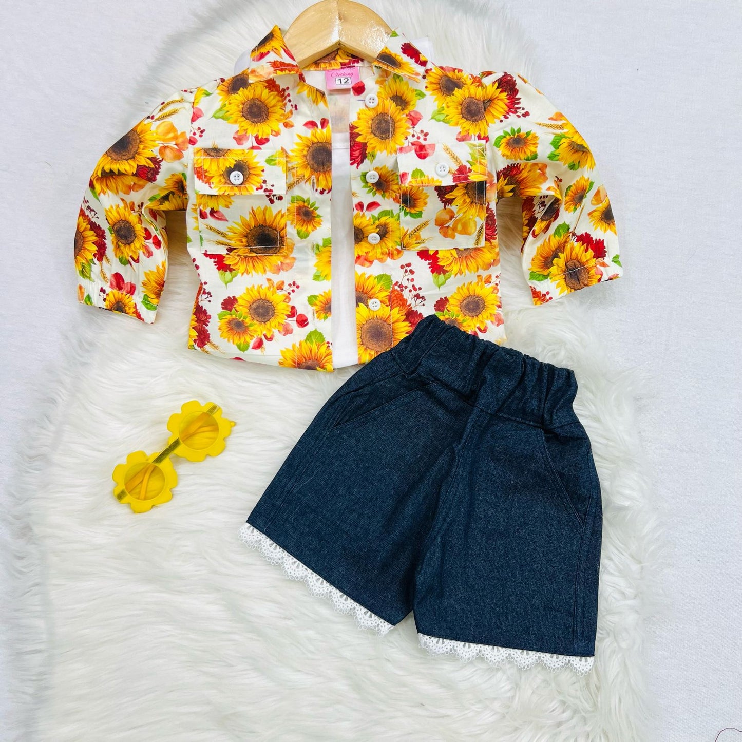 White Camisole Top Sunflower Button Down Shirt Navy Denim Short
