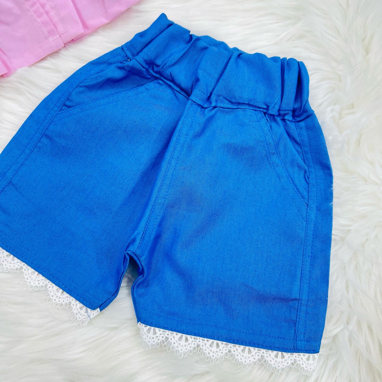 Baby Pink Butterfly Cotton Top Blue Denim Short