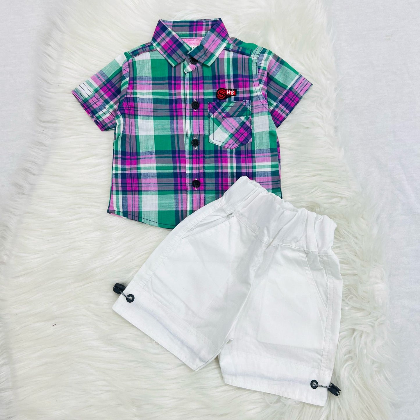 Pruple Green Check Boy Shirt White Shorts Cotton