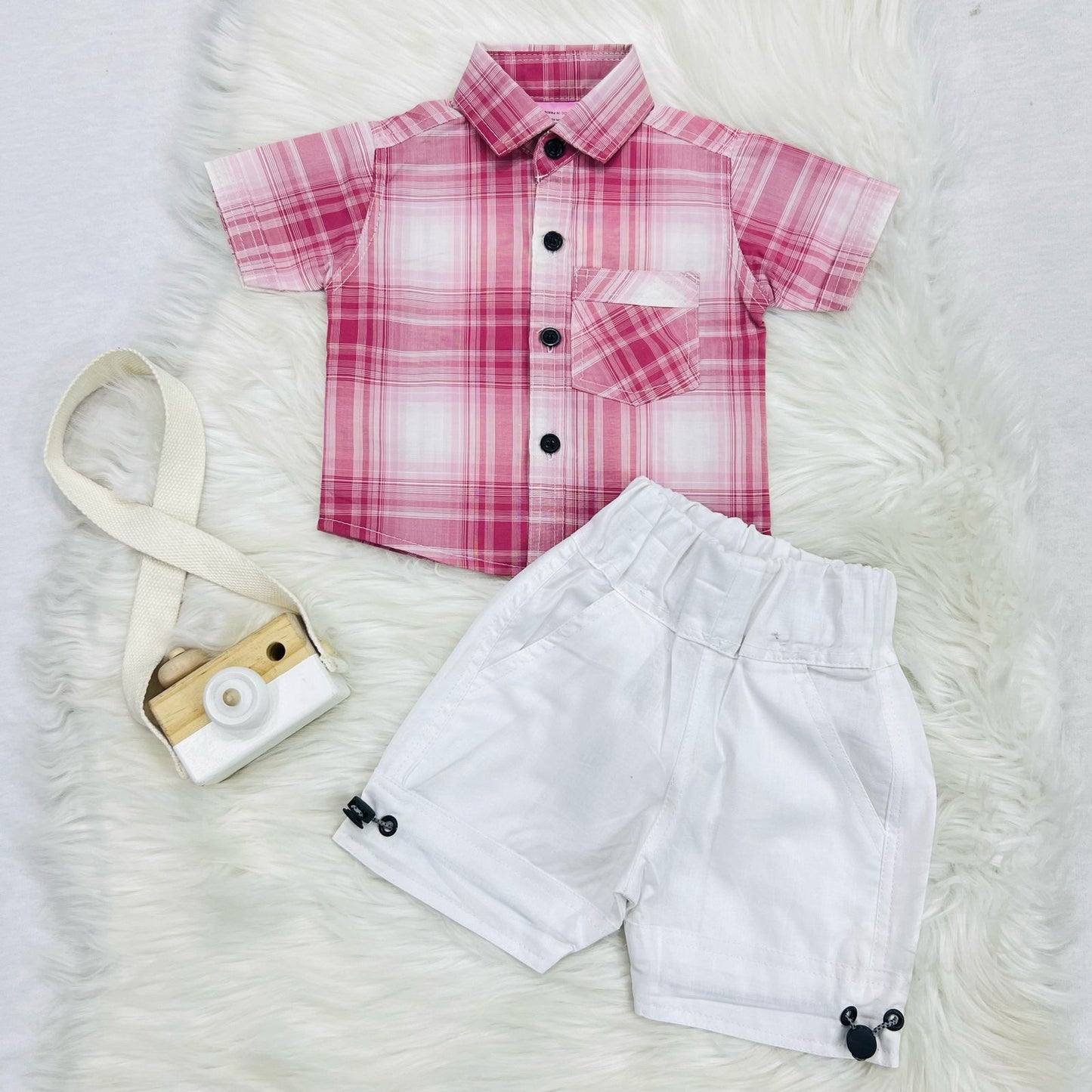 Pink Check Boy Shirt White Shorts Cotton Stuff