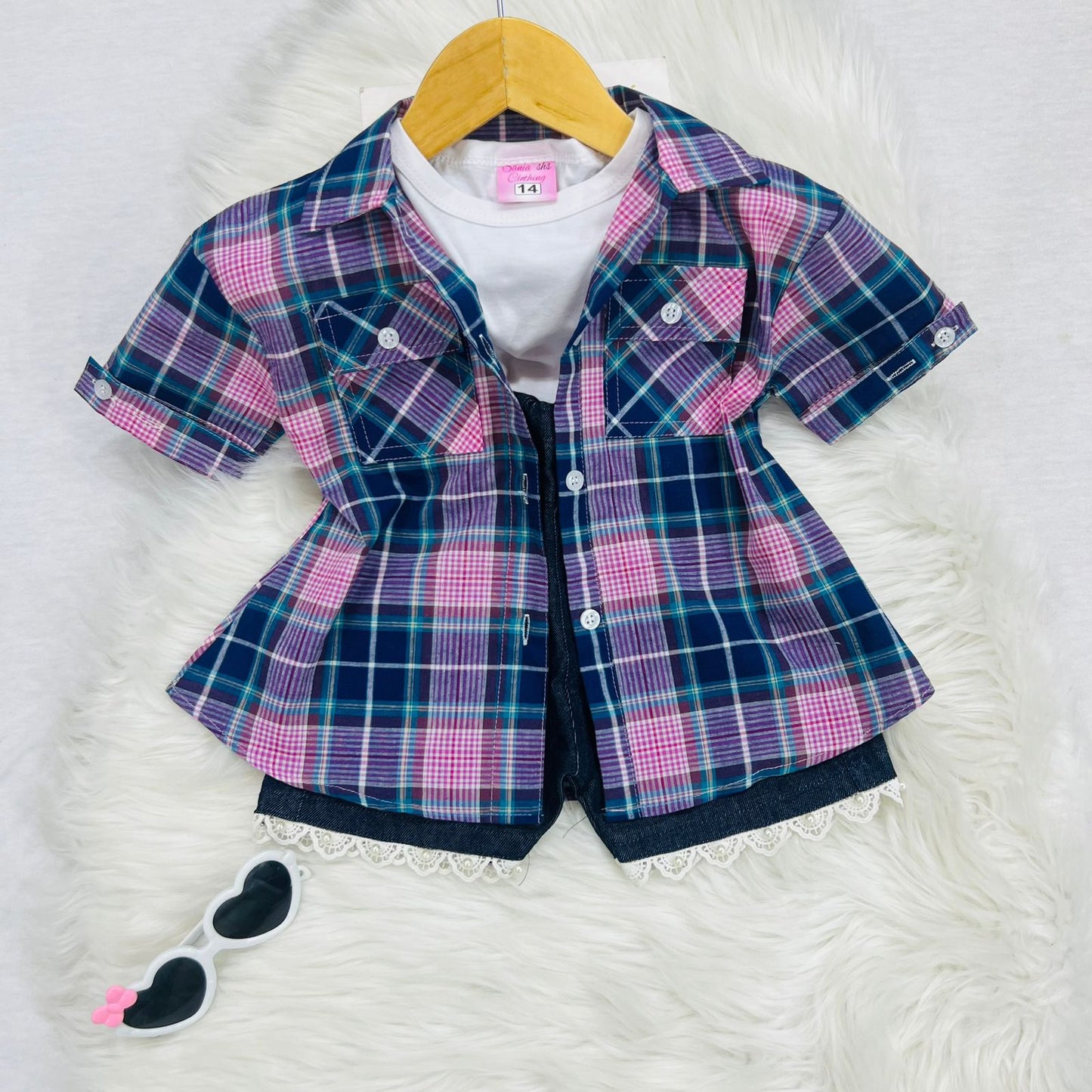 White Shirt Blue Pink Check Button Down Shirt Cotton Navy Denim Shorts