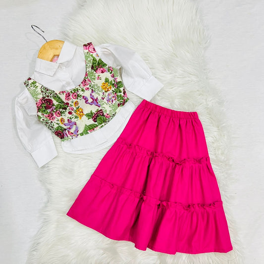 Bright Pink Tiered Skirt Paired With White Long-Sleeve Blouse & Colorful Floral-Print Coreset Top 3 Piece Cotton Stuff