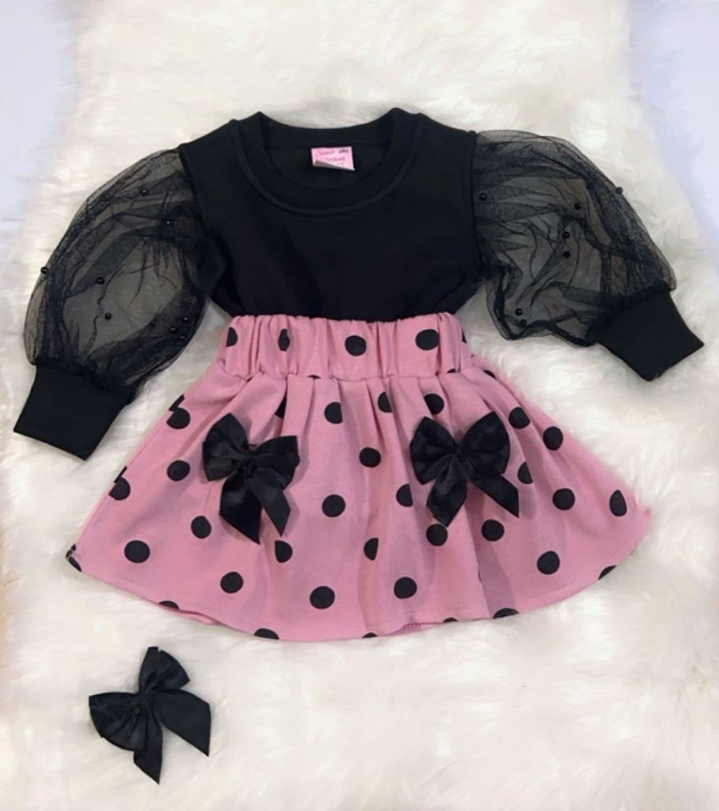 Black Net Sleeves Top & Pink Polka Dot Skirt Fleece Stuff