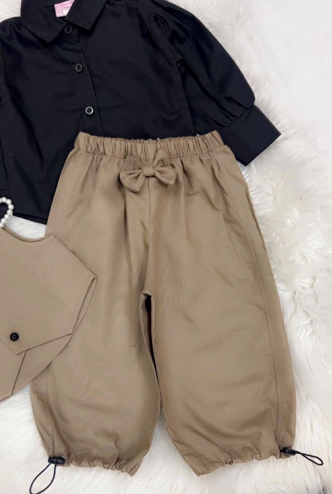 Girls' 3-piece Outfit Featuring Black Long-sleeve Button-down Shirt Paired With Beige Button Vest & Matching With Hem Trouser Cotton Stuff