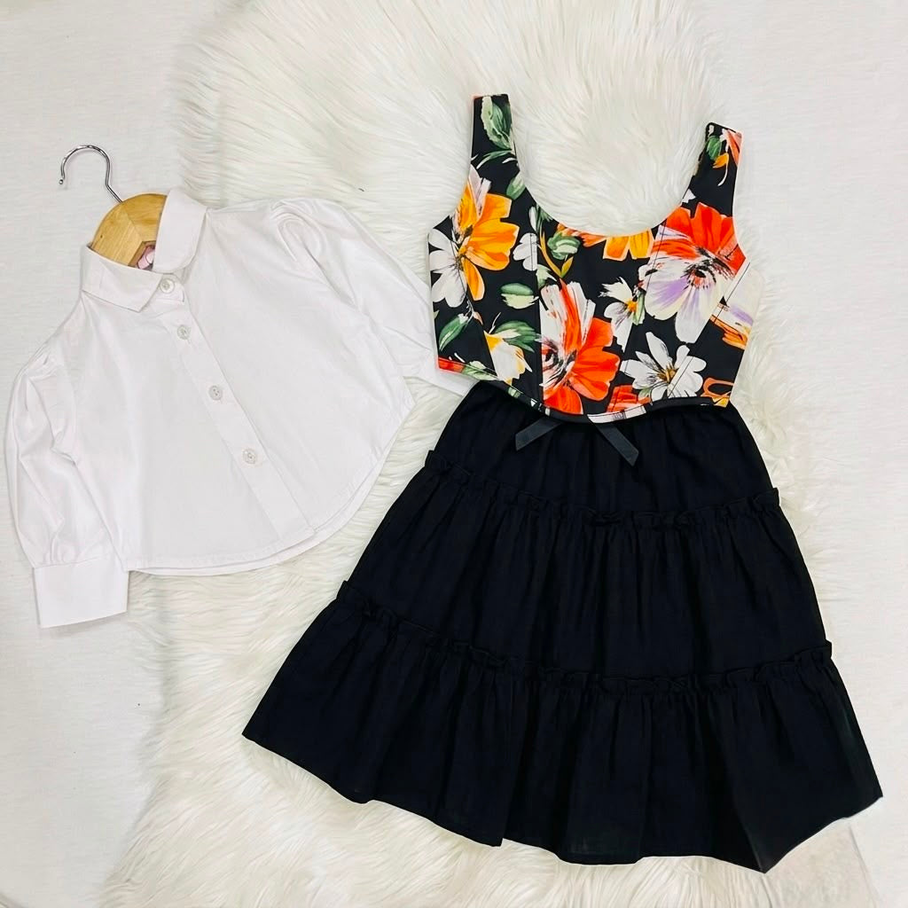 White Puff-sleeve Button-up Blouse Layered With Black Floral Print Corest Top Paired With Black Tiered Ruffle Skirt Cotton Stuff