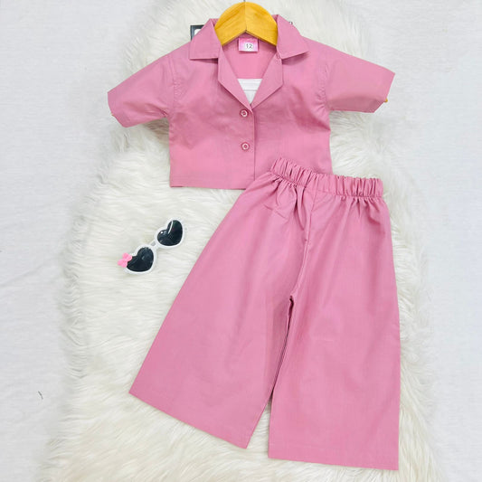 Tea Pink Coat Collar Top Trousers Cotton Stuff