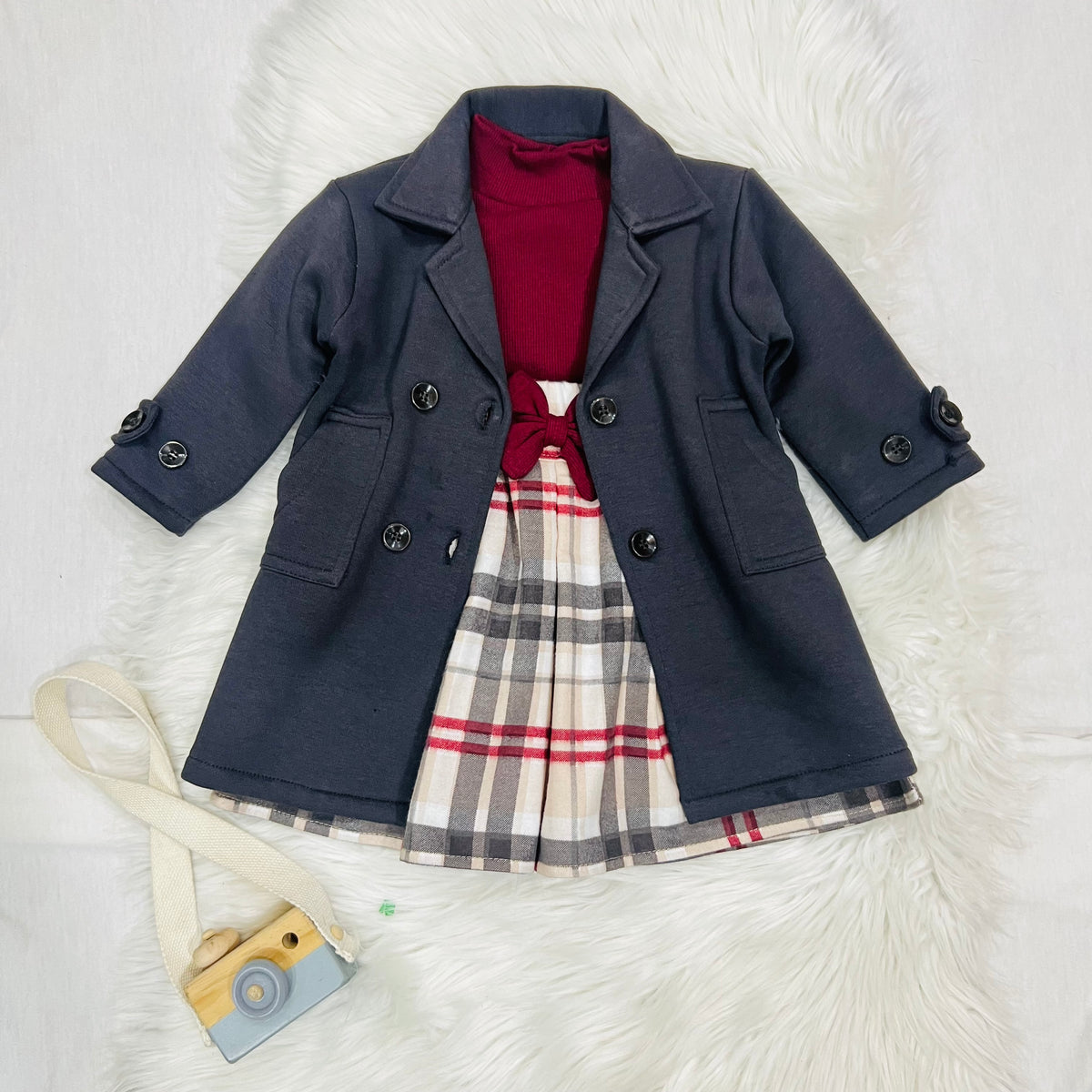 "Classy charcoal  grey trench-style blazer jacket dress paired with a beige plaid skirt."
 "Stylish girls' 2-piece layered outfit set featuring a double-breasted  charcoal grey coat and plaid pleated skirt."fleece stuff winter