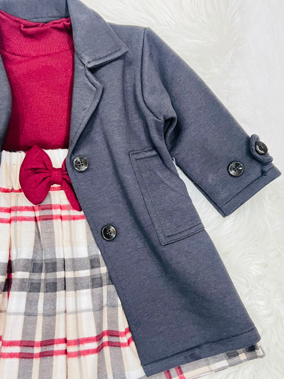 "Classy charcoal  grey trench-style blazer jacket dress paired with a beige plaid skirt."
 "Stylish girls' 2-piece layered outfit set featuring a double-breasted  charcoal grey coat and plaid pleated skirt."fleece stuff winter