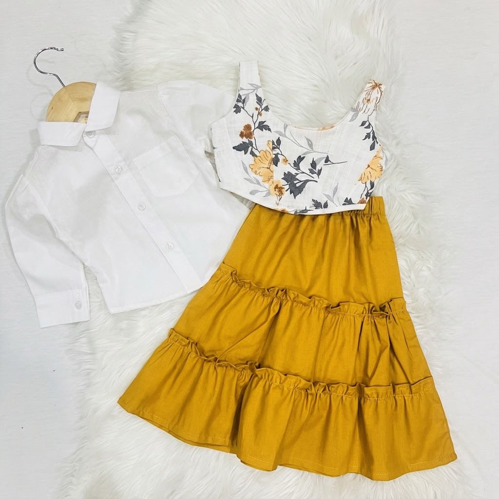 White Puff-sleeve Button-up Blouse Layered With White Floral Print Corest Top Paired With Vibrant  Mustarad Tiered Ruffle Skirt