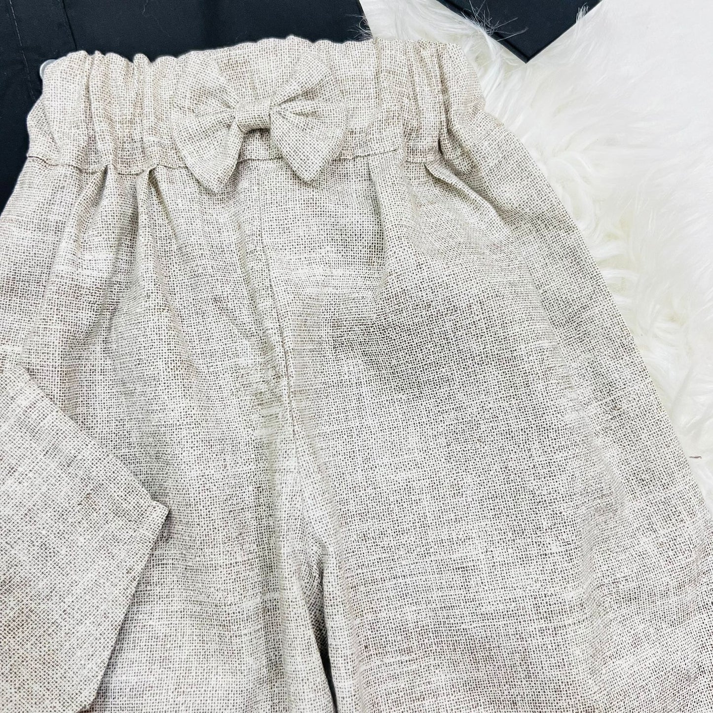 Girls' 3-piece outfit featuring a black long-sleeve button-down shirt paired with an beige textured button vest and matching wide-leg trousers cotton stuff