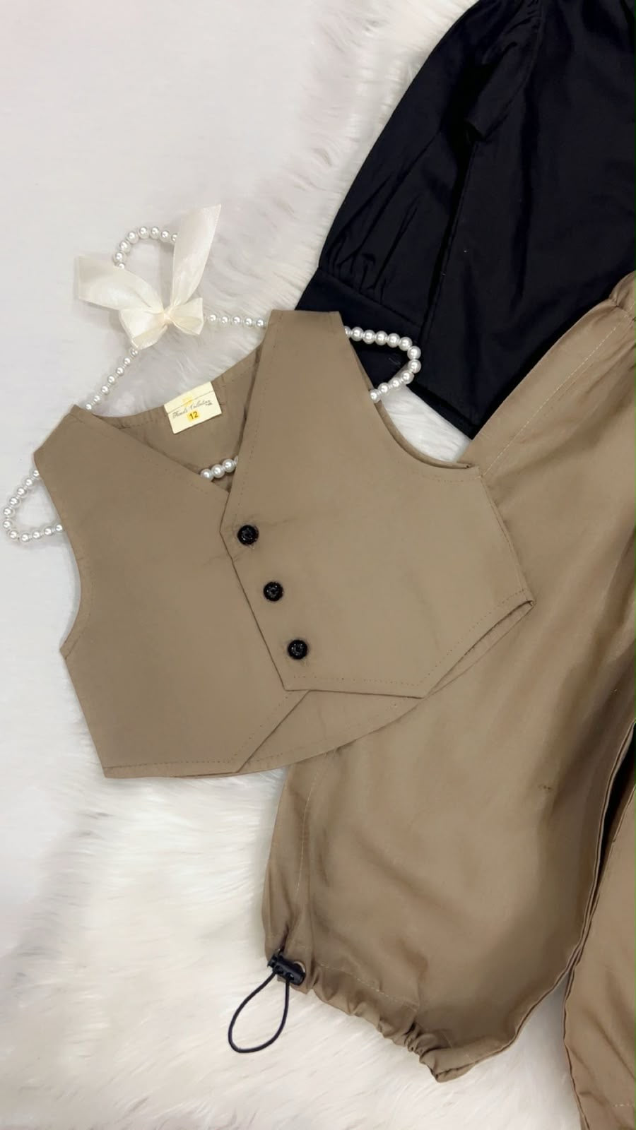 Girls' 3-piece Outfit Featuring Black Long-sleeve Button-down Shirt Paired With Beige Button Vest & Matching With Hem Trouser Cotton Stuff