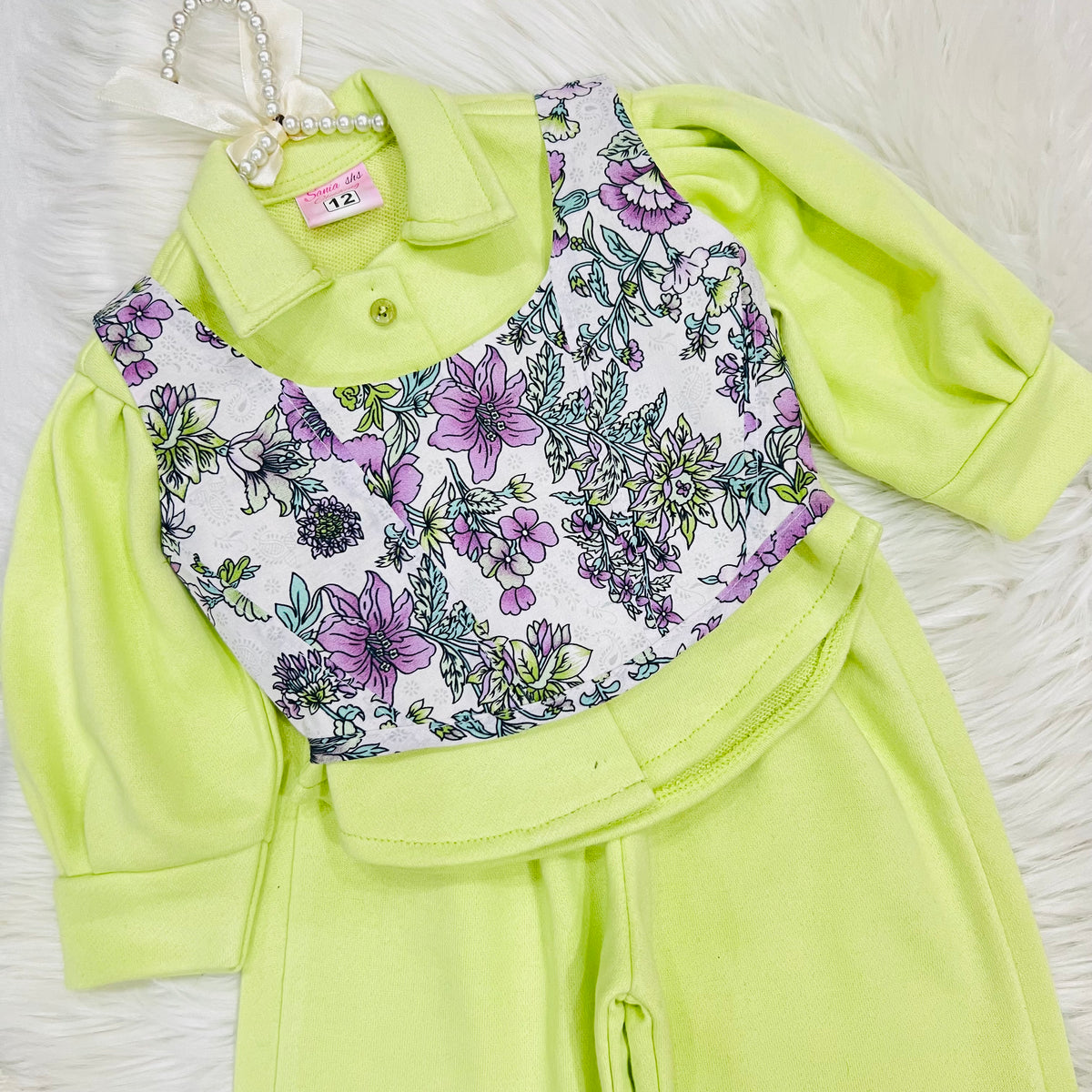 Fresh shades & floral details ✨ Brighten up the wardrobe with this adorable lime three piece set featuring a dainty floral overlay and bow accents 🌸 Soft, comfy, and perfectly stylish for any occasion! 🌿 winter fleece stuff (Copy 2)