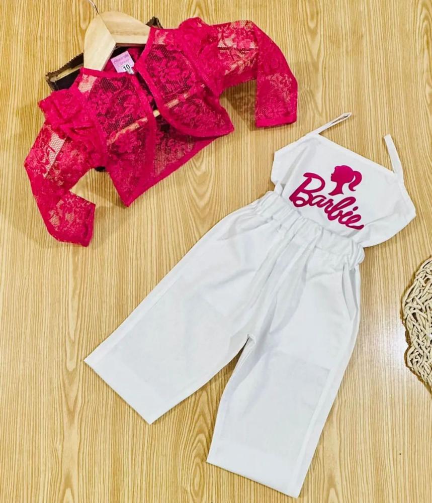 Pink Net Coat White Barbie Top Trousers