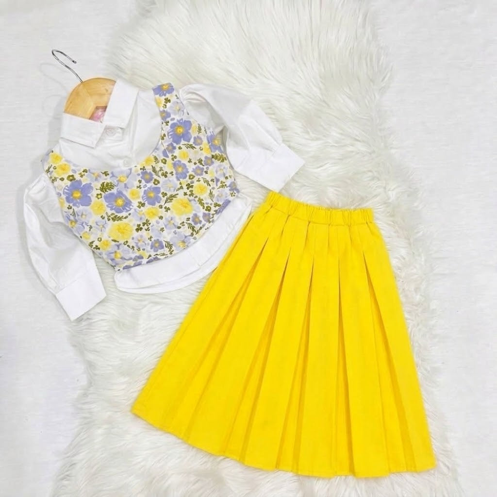 White Puff-sleeve Button-up Blouse Layered With White Floral Print Corest Top Paired With Vibrant Yellow  Skirt winter fleece collection