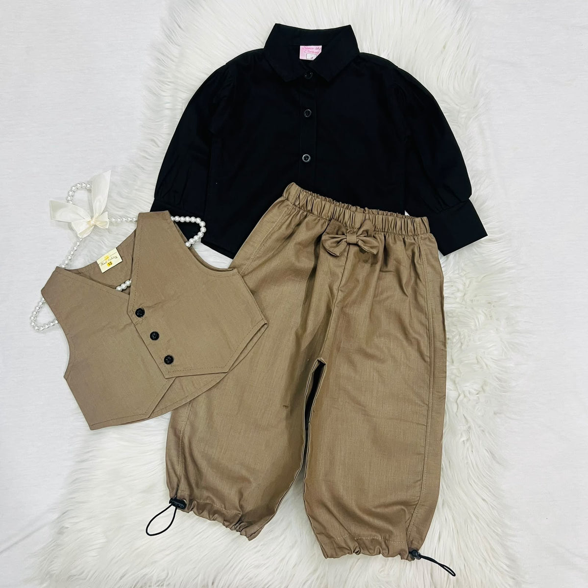 Girls' 3-piece Outfit Featuring Black Long-sleeve Button-down Shirt Paired With Beige Button Vest & Matching With Hem Trouser Cotton Stuff