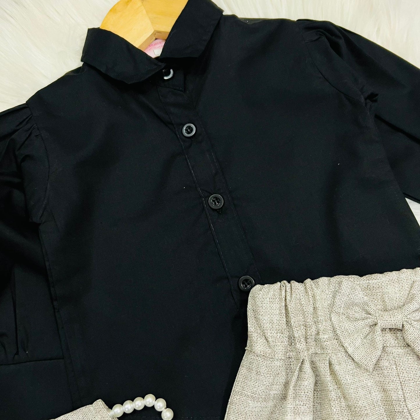 Girls' 3-piece outfit featuring a black long-sleeve button-down shirt paired with an beige textured button vest and matching wide-leg trousers cotton stuff