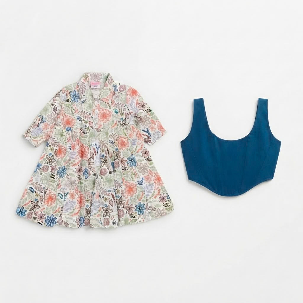 Floral planned frock dress paired with a solid blue corset-style overlay top