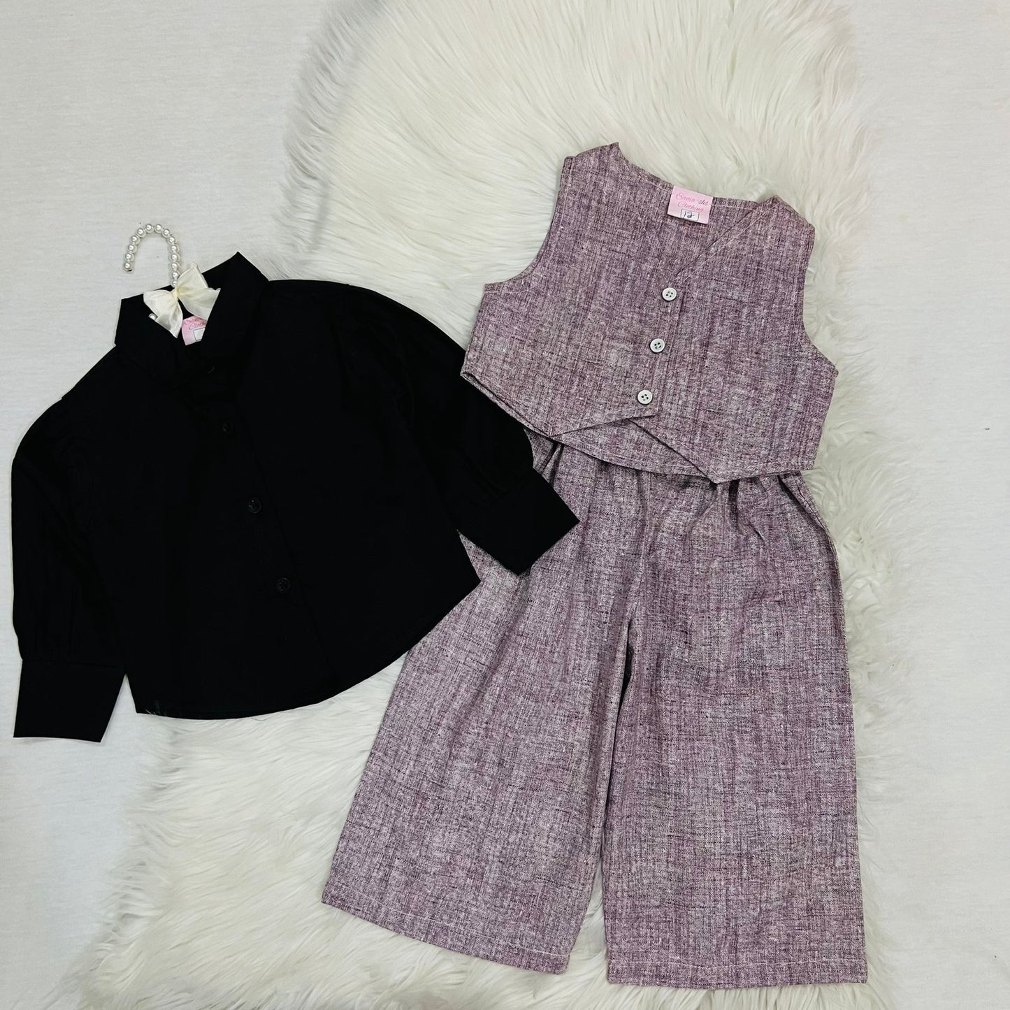 Girls' 3-piece Outfit Featuring Black Long-sleeve Button-down Shirt Paired With Apricot-pink Textured Button Vest & Matching Wide-leg Trousers Cotton Stuff