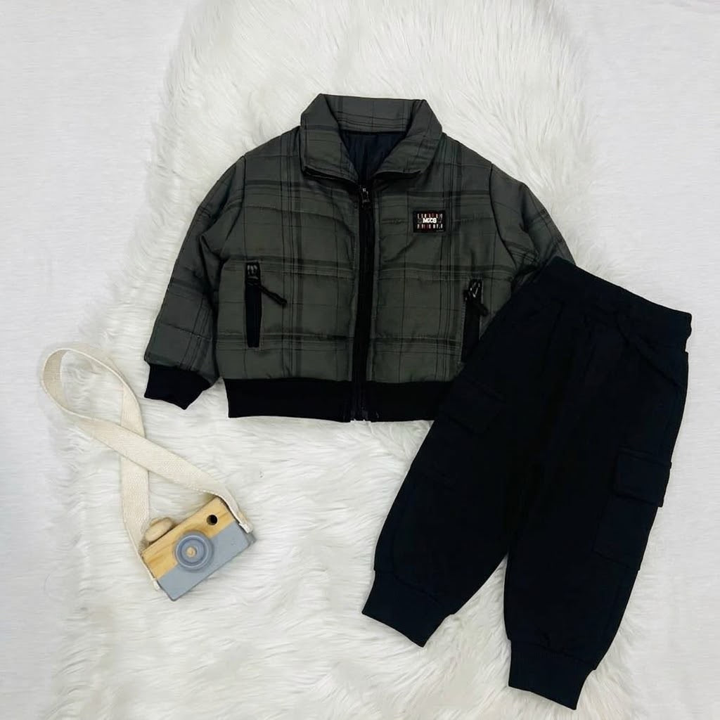 Cozy season, but make it cool. ⚡️ Keep your little one warm and effortlessly stylish in this plaid puffer jacket and cargo fleece winter pants set