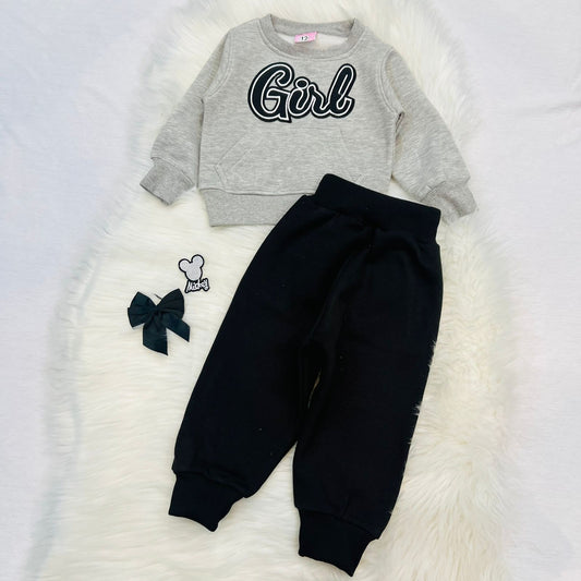 Grey Girl Top Black Trouser Fleece