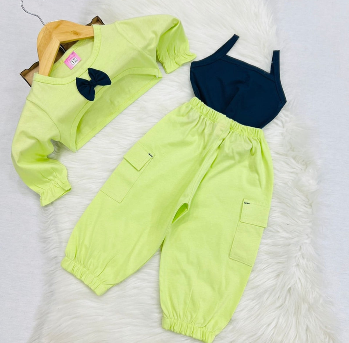 3 piece cord set black  Camisole Top lemon green Coat / cargo  Trouser terry winter stuff (Copy 2)