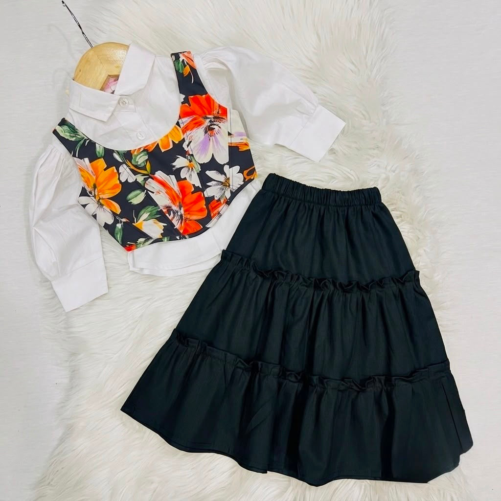 White Puff-sleeve Button-up Blouse Layered With Black Floral Print Corest Top Paired With Black Tiered Ruffle Skirt Cotton Stuff