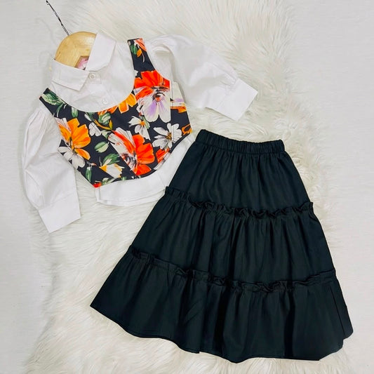 White Puff-sleeve Button-up Blouse Layered With Black Floral Print Corest Top Paired With Black Tiered Ruffle Skirt Cotton Stuff