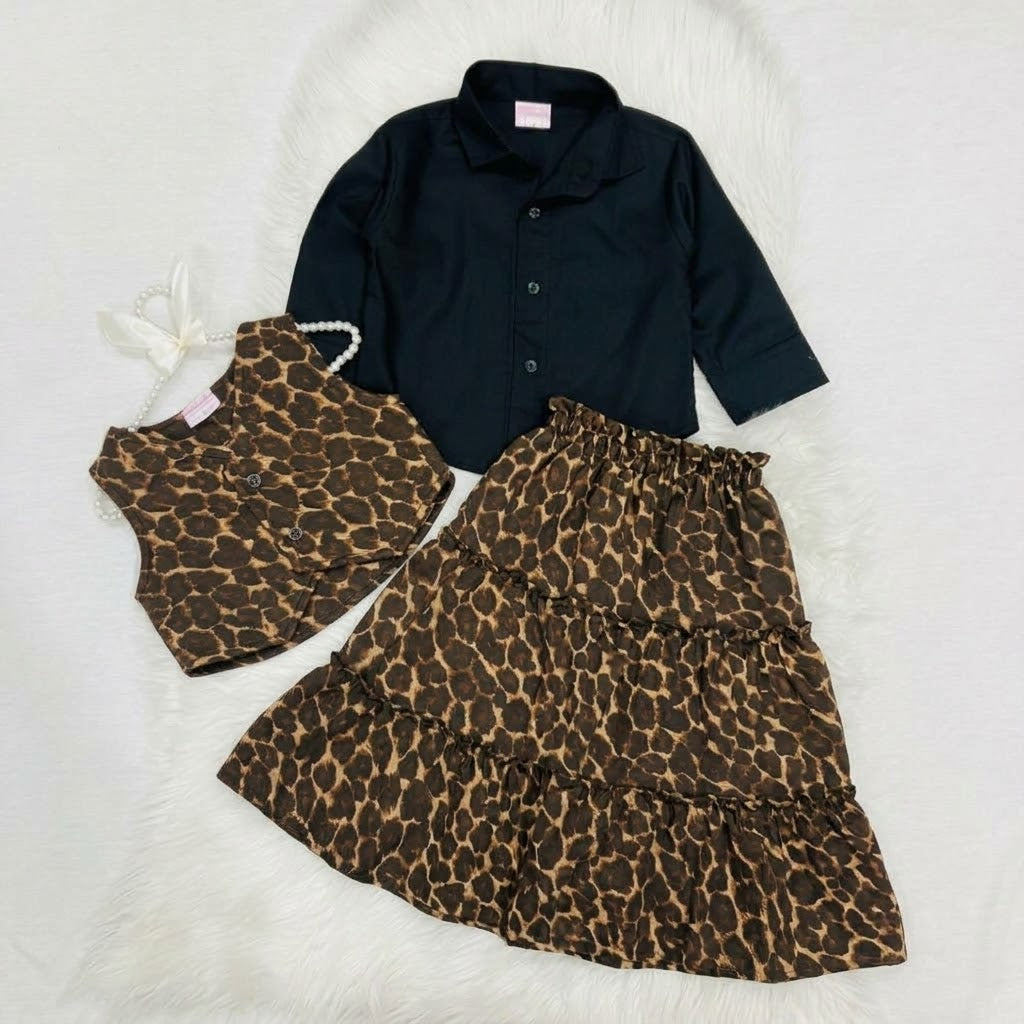 3-piece children's clothing set featuring a black long-sleeve button-down shirt paired with a leopard-print vest and matching 3 tiered long skirt winter terry stuff (Copy)