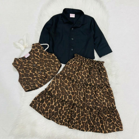 3-piece children's clothing set featuring a black long-sleeve button-down shirt paired with a leopard-print vest and matching 3 tiered long skirt winter terry stuff