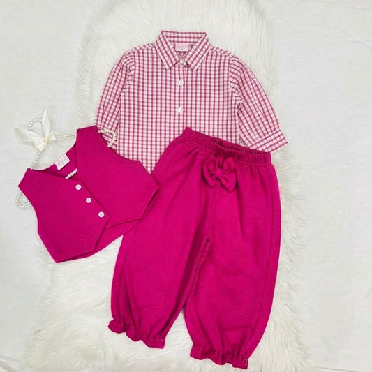 A bright pink 3-piece clothing set for young girls featuring a checked shirt, a matching button-up vest, and cuffed trousers with a bow detail fleece winter stuff
