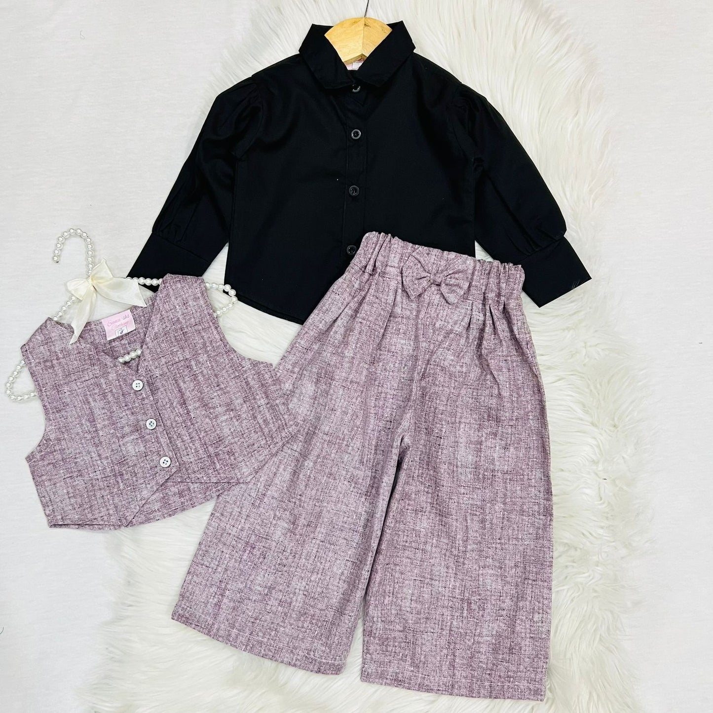 Girls' 3-piece Outfit Featuring Black Long-sleeve Button-down Shirt Paired With Apricot-pink Textured Button Vest & Matching Wide-leg Trousers Cotton Stuff