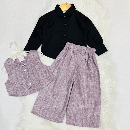 Girls' 3-piece Outfit Featuring Black Long-sleeve Button-down Shirt Paired With Apricot-pink Textured Button Vest & Matching Wide-leg Trousers Cotton Stuff