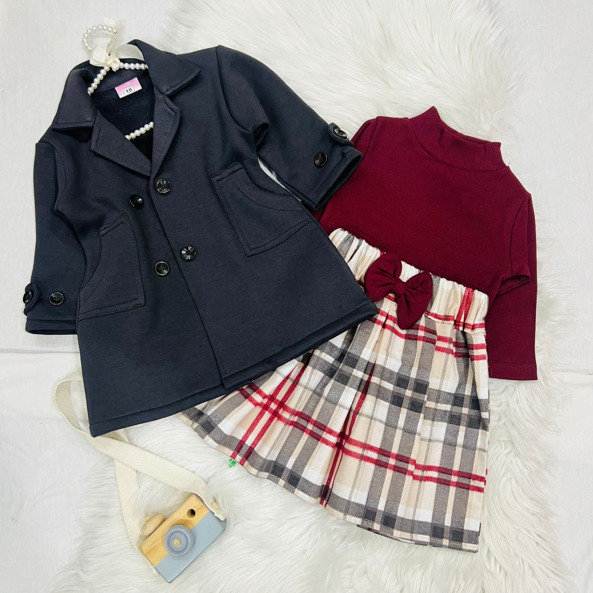 "Classy charcoal  grey trench-style blazer jacket dress paired with a beige plaid skirt."
 "Stylish girls' 2-piece layered outfit set featuring a double-breasted  charcoal grey coat and plaid pleated skirt."fleece stuff winter