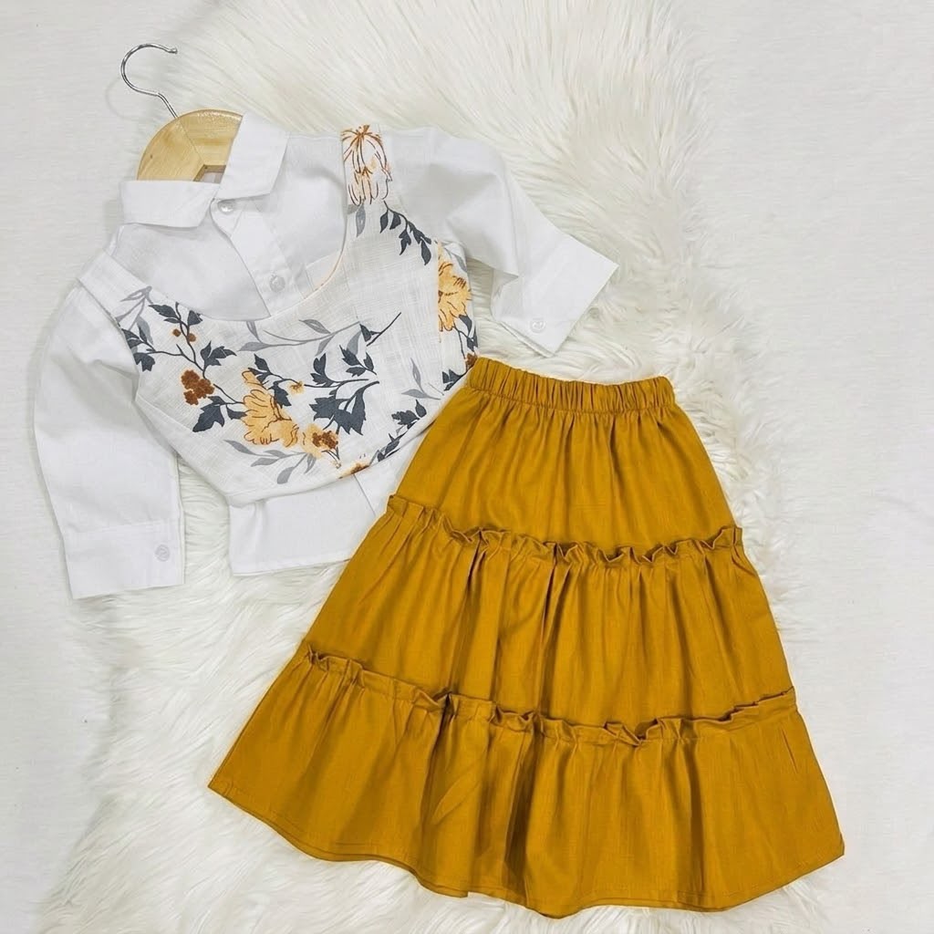 White Puff-sleeve Button-up Blouse Layered With White Floral Print Corest Top Paired With Vibrant  Mustarad Tiered Ruffle Skirt