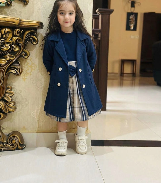 "Classy navy trench-style blazer jacket dress paired with a beige plaid skirt."
 "Stylish girls' 2-piece layered outfit set featuring a double-breasted navy coat and plaid pleated skirt."fleece stuff winter