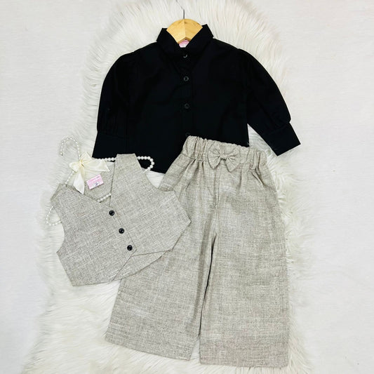 Girls' 3-piece outfit featuring a black long-sleeve button-down shirt paired with an beige textured button vest and matching wide-leg trousers cotton stuff