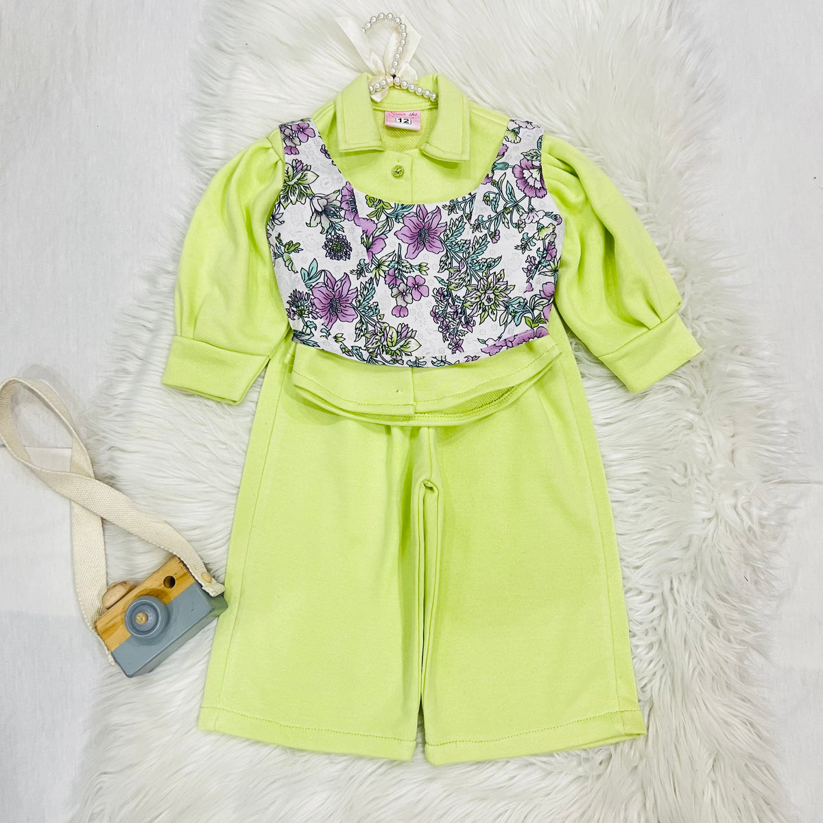 Fresh shades & floral details ✨ Brighten up the wardrobe with this adorable lime three piece set featuring a dainty floral overlay and bow accents 🌸 Soft, comfy, and perfectly stylish for any occasion! 🌿 winter fleece stuff (Copy 2)