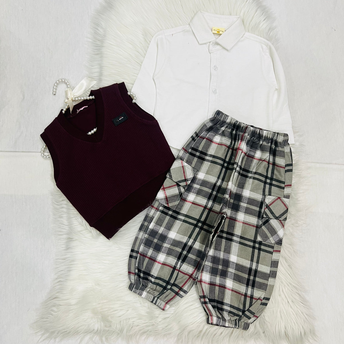 3- piece set featuring a V-neck ribbed sweater vest layer paired with check  trousers/joggers fleece stuff