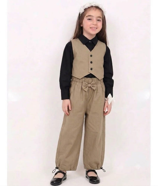 Girls' 3-piece Outfit Featuring Black Long-sleeve Button-down Shirt Paired With Beige Button Vest & Matching With Hem Trouser Cotton Stuff
