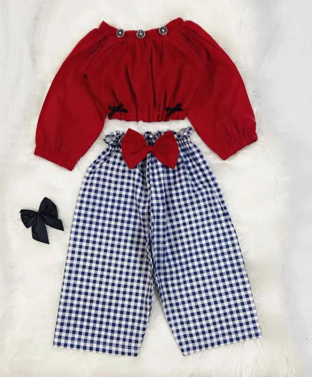 Red Top Blue Check Trouser Cotton Stuff