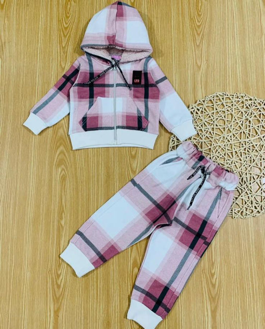 White Pink Check Hoodie Trouser Fleece Stuff