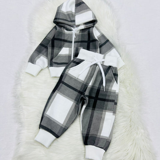 White Grey Check Hoodie Trouser Fleece