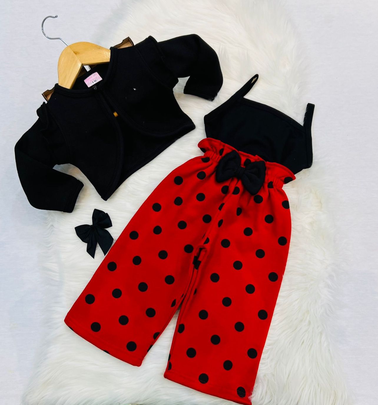 Black Coat Black Top Red Black Polka Trouser Fleece