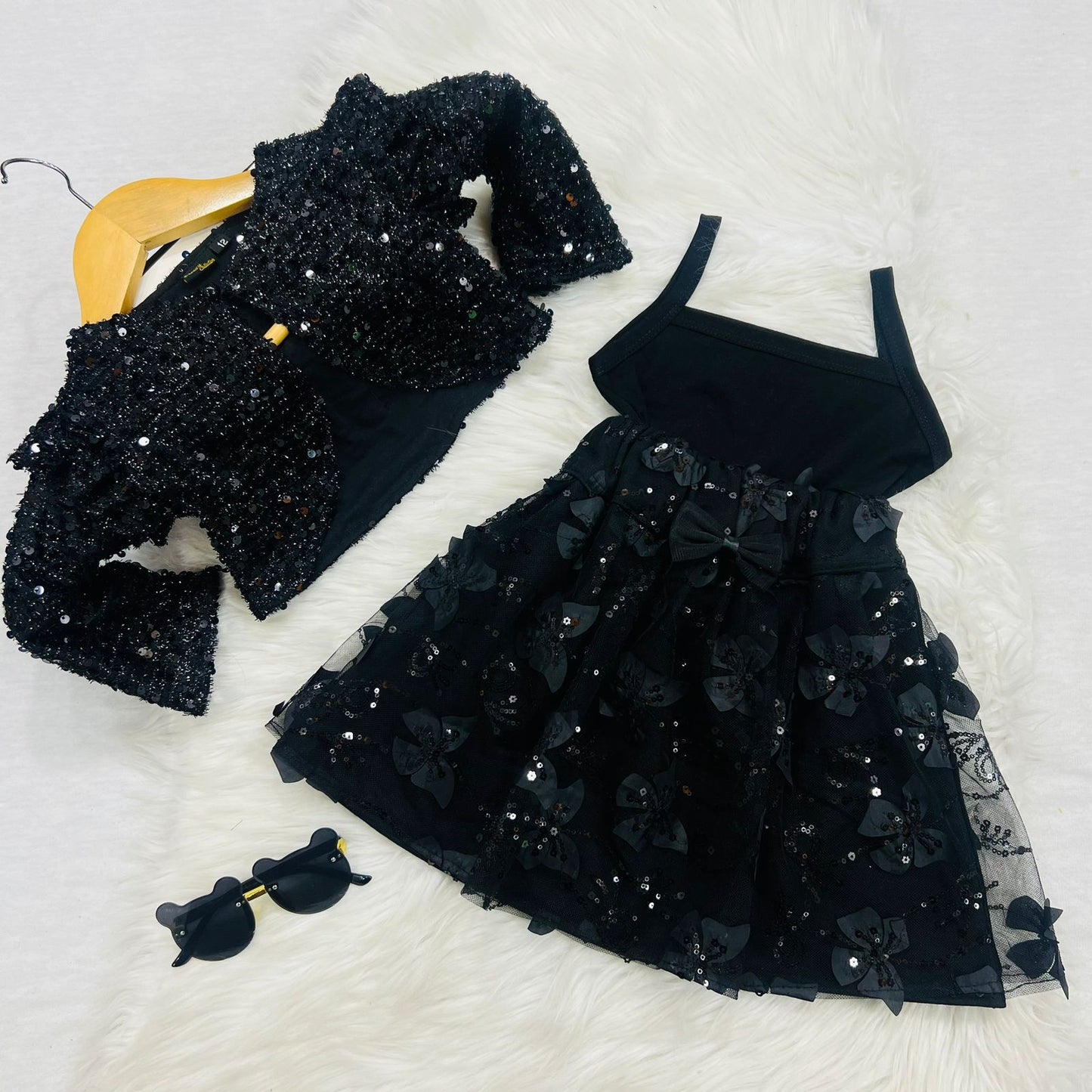 Black Sequins Coat Camisole Top Black 3d Butterfly Net Skirt Blended Summer Stuff
